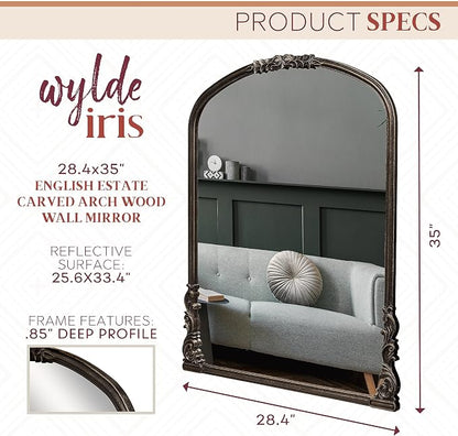 English Estate Carved Arch Wood Wall Mirror, Mirror for Entryway, Living Room, Bathroom, Antique Black, 28.4x35