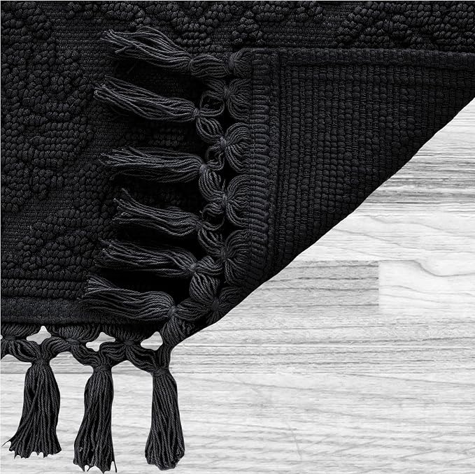 Jean Pierre – Ricardo Bath Mats, Set of 2 Woven Fringe Bathroom Rugs, 100% Cotton, Premium Bathroom Decor - Measures 17" x 31" and 21” x 41”- Black