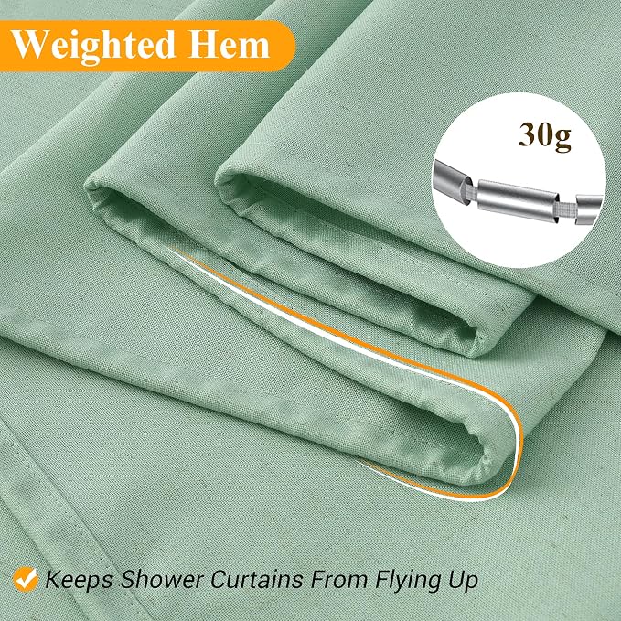 Aqua Green Linen Shower Curtain, Country Boho Farmhouse Bath Decor Shower Curtains Neutral Cloth Weighted Textured Fabric Bath Curtain Liner with Hooks, 72x78