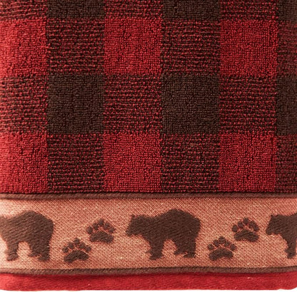 SKL Home Sundance Bath Towel, 100% Cotton, Plaid/Buffalo Check, Red | 500 GSM. Plush & absorbent jacquard. Bear & paw print border is great for Airbnb/cabin/lodge décor.