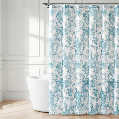 Lush Decor Bird and Hydrangea Toile Shower Curtain Single 72" W x 72" L Teal - Floral Shower Curtains for Bathroom - Bathroom Curtain - Vintage Decor