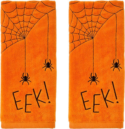SKL Home Halloween Eek Hand Towel Set-2pc, 100% Cotton, Embroidered, Orange | Soft, embroidered velour. Great for the bathroom, kitchen or bar & gift.