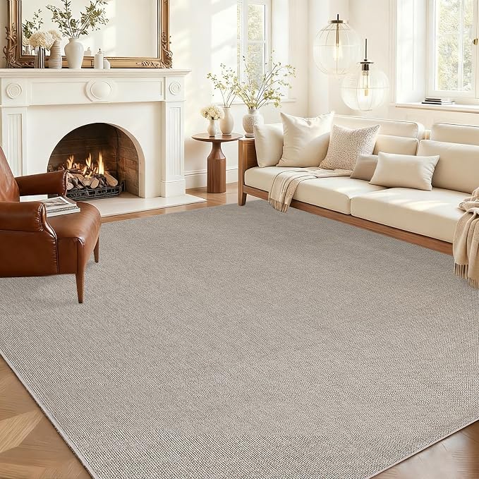 Garvee Large Washable Rug 9x12 Modern Solid Rugs for Living Room Taupe | Non Slip Woven Textured Bedroom Rug Ultra-Thin Non-Shedding Farmhouse Carpet Neutral Foldable Throw Rugs for Bedroom Office