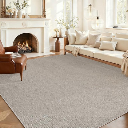 Garvee Large Washable Rug 9x12 Modern Solid Rugs for Living Room Taupe | Non Slip Woven Textured Bedroom Rug Ultra-Thin Non-Shedding Farmhouse Carpet Neutral Foldable Throw Rugs for Bedroom Office