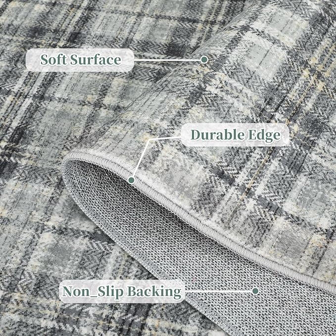 Washable Rugs 4x6 Rug for Living Room Modern Plaid Rugs for Bedroom Tartan Farmhouse Non Slip Entryway Rug Soft Stain Resistant Carpet for Nursery Entrance Dining Room 4'x6' Greenish Grey