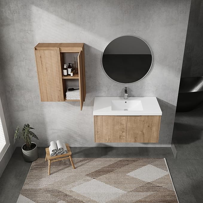 Henf 36" Floating Bathroom Vanity with Sink for Compact Space, Brown Wall Mount Bathroom Cabinet with Sink Combo, 36 Inch Bathroom Vanities Set with 2 Floating Side Cabinet