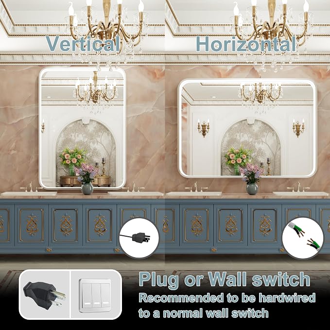 48"x36" Silver LED Bathroom Mirror,Adjust 3000K/4500K/6000K Light | Stepless Dimmable, Anti-Fog, Memory Funtion, Aluminum Frame Wall Mount Lighted Vanity Mirror, ETL Cert‌, Horizontal/Vertical