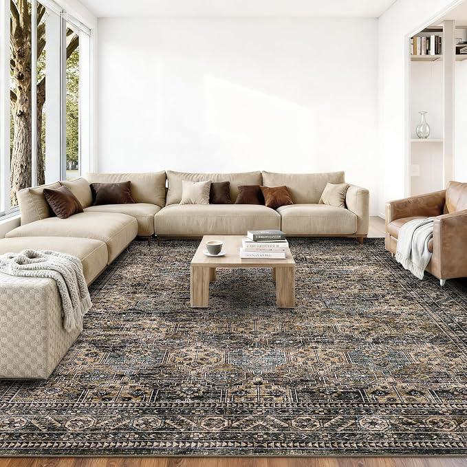 Washable Floral 5x7 Area Rug for Living Room Bedroom, Indoor Retro Accent Non Slip Large Dining Room Rugs, Low Pile Stain Resistant Home Decor Carpet for Home Office, Yellow Taupe
