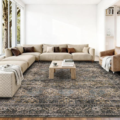 Washable Floral 5x7 Area Rug for Living Room Bedroom, Indoor Retro Accent Non Slip Large Dining Room Rugs, Low Pile Stain Resistant Home Decor Carpet for Home Office, Yellow Taupe