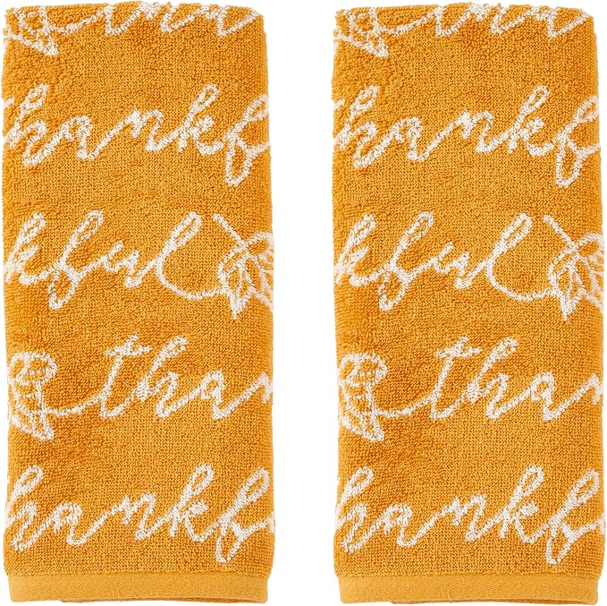 SKL Home Fall/Thanksgiving Thankful Script Hand Towel Set-2pc, Yellow | 100% Cotton. Soft & absorbent. Reversible jacquard pattern. Great for the bathroom, kitchen or bar & gifting.
