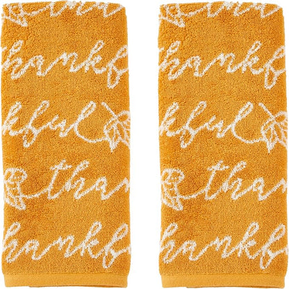 SKL Home Fall/Thanksgiving Thankful Script Hand Towel Set-2pc, Yellow | 100% Cotton. Soft & absorbent. Reversible jacquard pattern. Great for the bathroom, kitchen or bar & gifting.