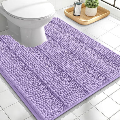 OLANLY Thick Toilet Rugs U-Shaped 24x20, Soft Chenille Bath Mat, Lavender | Extra Absorbent Striped Contour Bathroom Rugs for Toilet, Dry Quickly, Machine Washable, Non-Slip