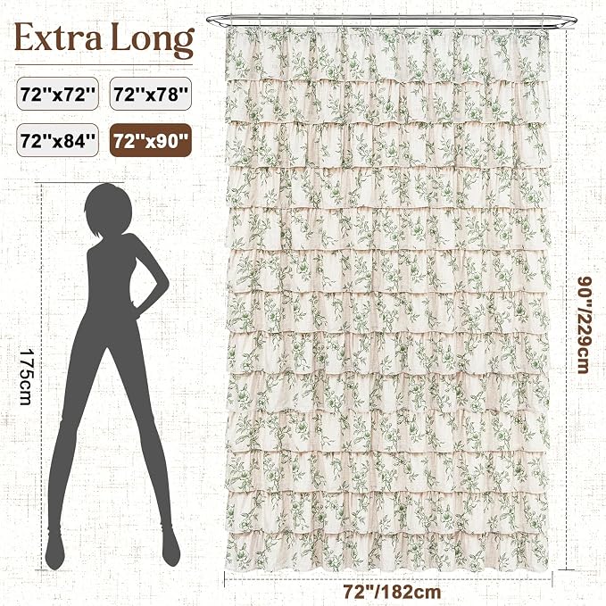 Extra Long Farmhouse Ruffle Shower Curtains with Green Floral, 72"Wx90"L | French Country Vintage Rustic Washable Waterproof Shower Curtain for Bathroom Bathtub, 12 Metal Hooks