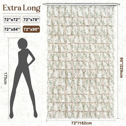 Extra Long Farmhouse Ruffle Shower Curtains with Green Floral, 72"Wx90"L | French Country Vintage Rustic Washable Waterproof Shower Curtain for Bathroom Bathtub, 12 Metal Hooks