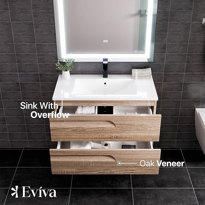 Eviva Joy 36 in. Maple Wall MountSingle Sink Bath Vanity with Porcelain Top and Integrated Sink