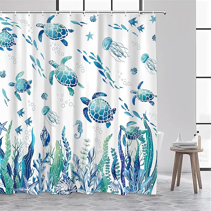 Nautical Sea Turtle Shower Curtain Cute Kids Coastal Shower Curtain Set with Waterweed Jellyfish for Bathroom Decor Waterproof Machine Washable Shower Curtains with 12 Hooks, 72x72 Inch