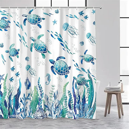 Nautical Sea Turtle Shower Curtain Cute Kids Coastal Shower Curtain Set with Waterweed Jellyfish for Bathroom Decor Waterproof Machine Washable Shower Curtains with 12 Hooks, 72x72 Inch