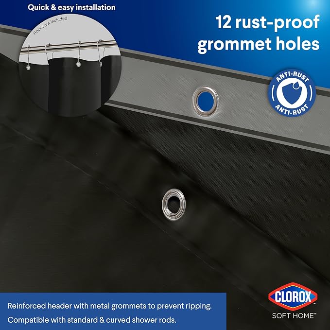 Clorox Shower Curtain Liner, Premium Medium Weight Flexible Waterproof 6g PEVA for Bathroom with Weighted Magnets, Standard Size 72" x 72", Black 1 Pack