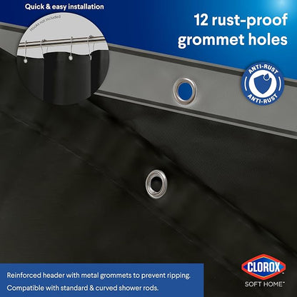 Clorox Shower Curtain Liner, Premium Medium Weight Flexible Waterproof 6g PEVA for Bathroom with Weighted Magnets, Standard Size 72" x 72", Black 1 Pack