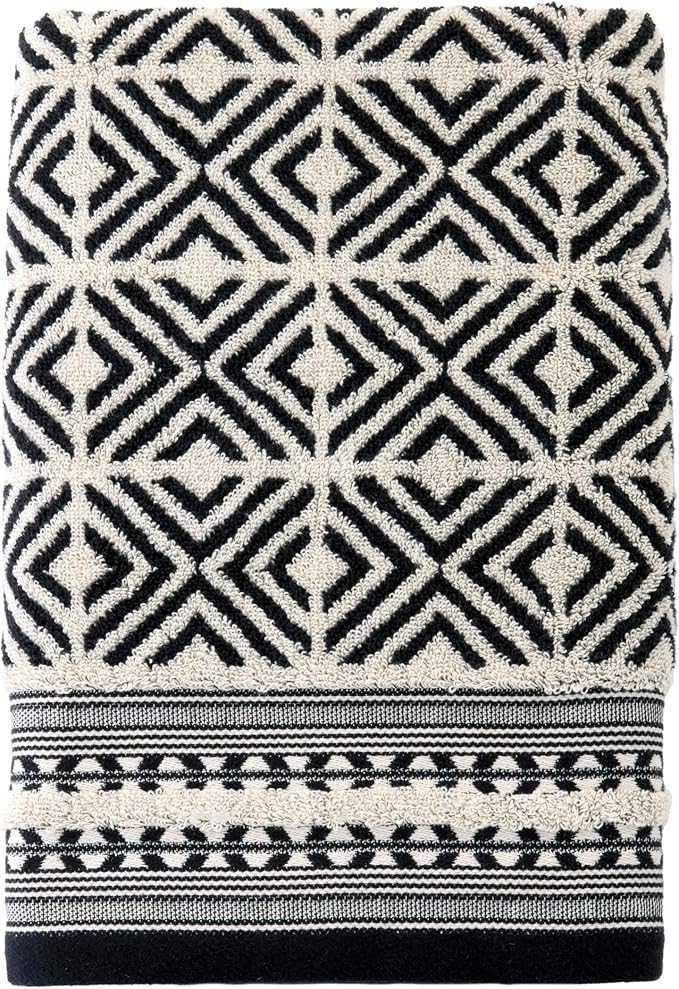 SKL Home Diamond Grid Bath Towel, Premium 100% Cotton, Black | 600 GSM weight. Spa-level quality. Soft & absorbent. Reversible jacquard pattern for 2-looks-in-1.