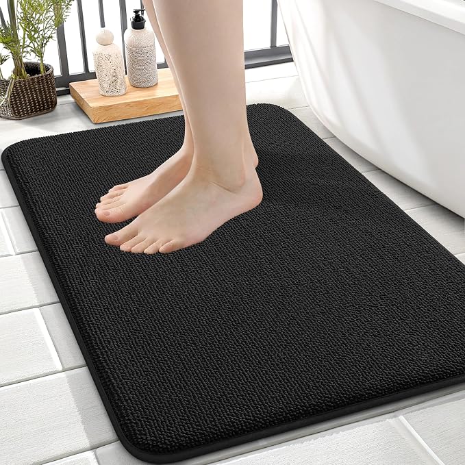 OLANLY Memory Foam Small Bathroom Rugs 24x16, Absorbent Bath Mat, Black | Soft Quick Dry Bath Rugs, Non-Slip Carpet, Machine Washable Mat for Bathroom Floor, Tub and Shower, Home Decor Accessories
