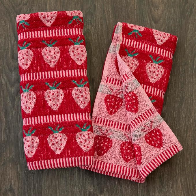 SKL Home Strawberry Jacquard Hand Towel Set-2pc, 100% Cotton, Red | Plush & absorbent terry. For use in the bathroom, kitchen or bar. Great for spring, summer & year-round décor.