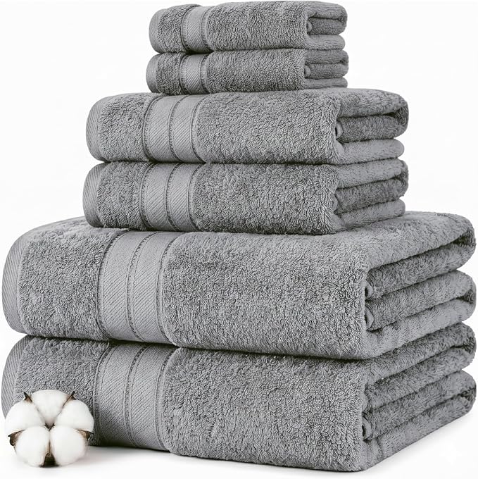 Modern Threads - Spun Loft 6-Piece 100% Combed Cotton Towel Set - Bath Towels, Hand Towels, & Washcloths - Super Absorbent & Quick Dry - 600 GSM - Soft & Plush, Charcoal
