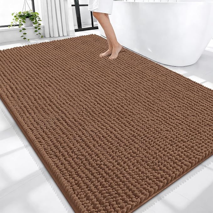 OLANLY Thick Chenille Large Bathroom Rugs 70x46, Absorbent Bath Mat, Mocha | Soft Bath Rugs, Rubber Backing, Machine Wash Dry, Bath Mats for Bathroom, Tub and Shower, Home Decor Accessories