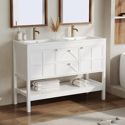 Bathroom Vanity with Double Sink Set, 48 Inch Pedestal Sink Storage Cabinet with 2 Drawers & 2 Doors, Mid-Century Modern Bathroom Vanity with Open Bottom Shelf, White