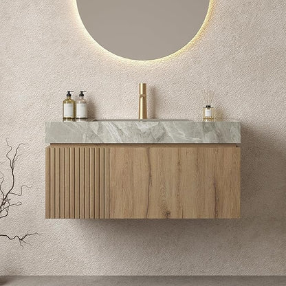 LKTART Floating 36 Inch Bathroom Vanity with Sink, Modern Plywood Wall Mounted Bathroom Storage Cabinet with 1 Door and 1 Drawer, Roma Travertine-Pattern Sintered Stone Countertop and Ceramic Basin