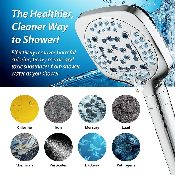 AquaCare 4X 10-Mode High Pressure Hand Shower w/Filter & 2-mode Power Wash | Filters Chlorine & Toxins, Softens Hard Water for Healthy Skin & Hair. Handheld Power Head Cleans Tub, Tile & Pets / Chrome