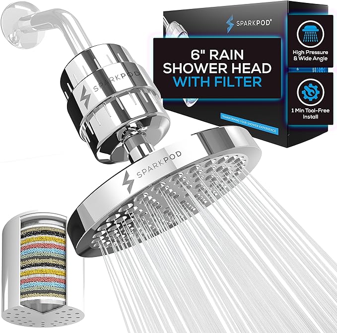 SparkPod Filtered Shower Head, 23-Stage, 6" Round, Polished Chrome | Showerhead for Hard Water, High Pressure, Reduces Chlorine, Heavy Metals, For Dry Skin & Hair, Removable Capsule Filter