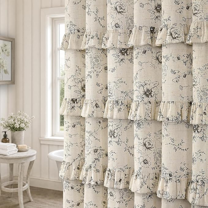 Farmhouse Floral Ruffle Shower Curtain for Bathroom | Vintage Black Linen Pattern Shower Curtains , Tan Taupe,72Wx72H