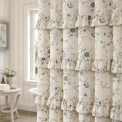 Farmhouse Floral Ruffle Shower Curtain for Bathroom | Vintage Black Linen Pattern Shower Curtains , Tan Taupe,72Wx72H