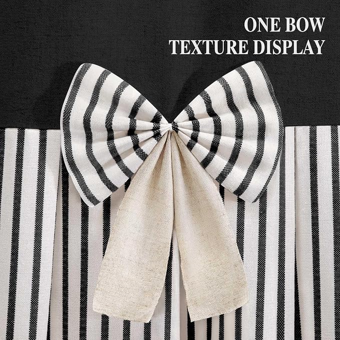 Farmhouse Shower Curtain Linen Bow Pleated Black Stripe 72"W x 96"L | Farmhouse Style, Chic Bow, Striped, Linen Fabric, Rustic, Country, Natural Look, Washable, for Bathroom Bathtub