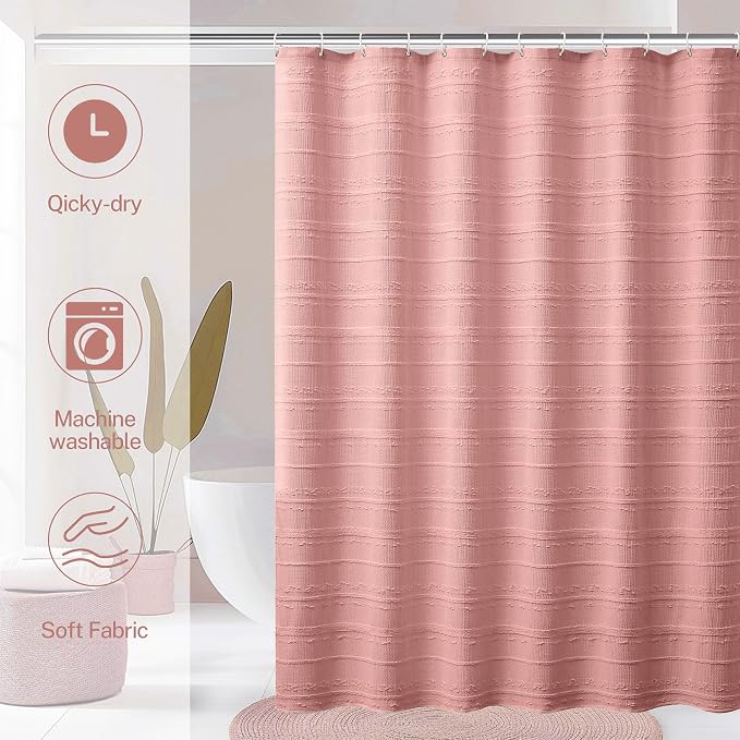 Pink Shower Curtain Boho, 72 x 84 Cotton Blend Waffle Weave Stripe Textured Heavy Duty, Fabric Shower Curtain for Bathroom, Hotel, Washable