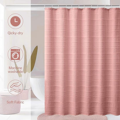 Pink Shower Curtain Boho, 72 x 84 Cotton Blend Waffle Weave Stripe Textured Heavy Duty, Fabric Shower Curtain for Bathroom, Hotel, Washable