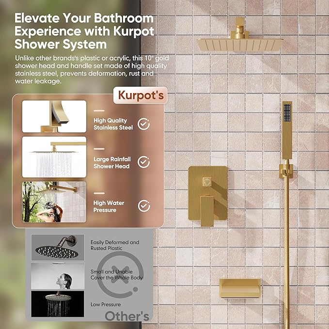Brushed Gold Shower System, All Metal Gold Shower Faucet Set with Tub Spout, 10'' Gold Shower Head with Handheld, 59'' Shower Hose, Shower Valve and Diverter, Wall Mounted Bath Tub Faucet Set