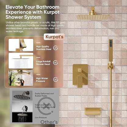 Brushed Gold Shower System, All Metal Gold Shower Faucet Set with Tub Spout, 10'' Gold Shower Head with Handheld, 59'' Shower Hose, Shower Valve and Diverter, Wall Mounted Bath Tub Faucet Set