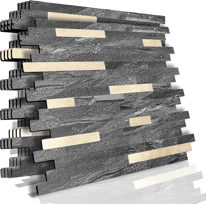 KASARO Peel and Stick Marble Backsplash Tile, 10 Sheets, Black Marble with Vintage Golden Stripes, Self-Adhesive Wall Tile for Kitchen, Bathroom, Fireplace, RV (11.4” x 10.6”)