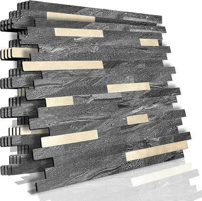 KASARO Peel and Stick Marble Backsplash Tile, 10 Sheets, Black Marble with Vintage Golden Stripes, Self-Adhesive Wall Tile for Kitchen, Bathroom, Fireplace, RV (11.4” x 10.6”)