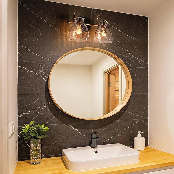 KSANA Modern Bathroom Vanity Lights, 2 Light Vanity Light Fixtures for Bathroom Black and Electroplated Brass Finish Mid-Century Wall Lamps with Water Ripple Glass