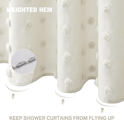 Small Stall Ivory Boho Shower Curtain Woven Fabric Cute Cream Shower Curtain, 36 x 72 Tufted Pleat Floral Textured Modern Farmhouse Minimalist Shower Curtain Set with Hooks for Bathroom