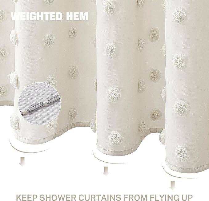Boho Farmhouse Ivory Shower Curtain Woven Fabric Ivory Cute Stall Cream Shower Curtain, 60 x 72 Tufted Pleat Floral Textured Modern Minimalist Shower Curtain Set with Hooks for Bathroom