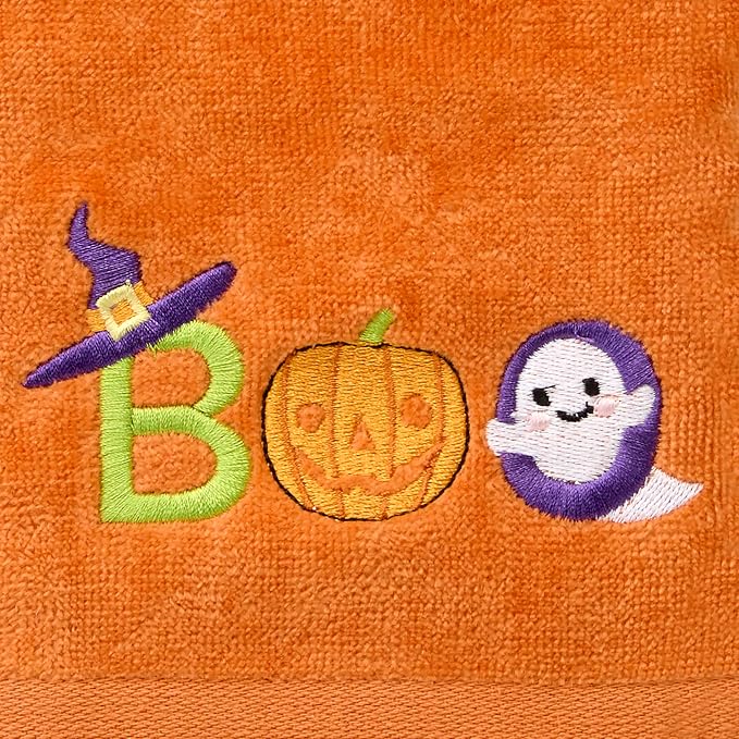 SKL Home Halloween Boo Hand Towel Set-2pc, 100% Cotton, Embroidered, Orange | Soft, decorative velour. Great for the bathroom, kitchen or bar & gifting.