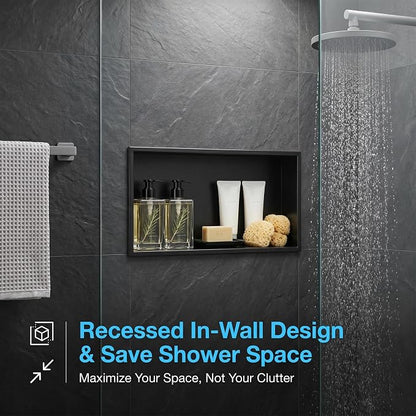 304 Stainless Steel Shower Niche 24" x 12" for Bathroom Storage | Waterproof Matte Black Recessed Shower Niche No Tile Needed
