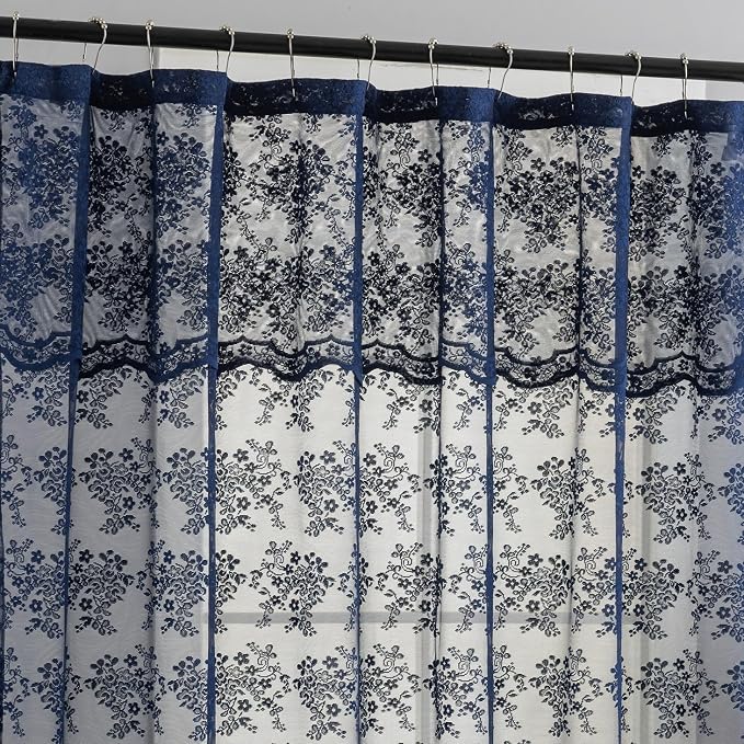 YJ YANJUN Navy Blue Lace Stand Up Shower Curtain for Bathroom 36x72 | Scalloped Shabby Chic Shower Curtain with Valance for the Small Stall Bathroom, Victorian Moody Narrow RV Curtain