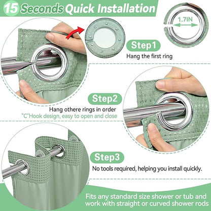 Conbo Mio No Hook Sage Green Waffle Weave Shower Curtain with Snap in Liner Set, Hotel Luxury Shower Curtains for Bathroom with See Through Top Window, Waterproof, Washable 71W x 74H