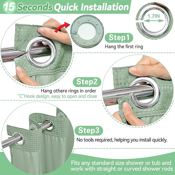 Conbo Mio Extra Long No Hook Sage Green Waffle Weave Shower Curtain with Snap in Liner Set, Hotel Luxury Shower Curtains for Bathroom with See Through Top Window, Waterproof, Washable 71W x 84H