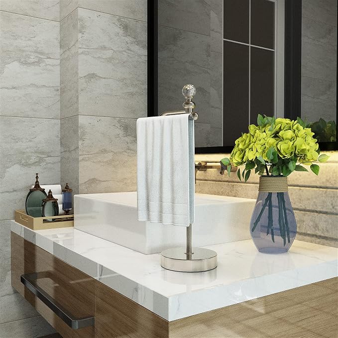 ROLABAM Heavy Weighted Hand Towel Holder (with Crystal Ball) Hand Towel Holder Stand Total Height 16.54'' for Kitchen, Bathroom and Countertops, Classic Metal Fingertip Towel Holder, Brushed Nickel